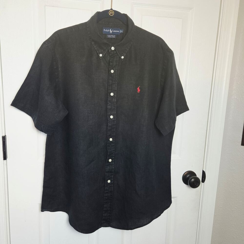 Ralph Lauren Shirt Mens XL Black Linen Button Down Short Sleeve Custom Fit Logo
